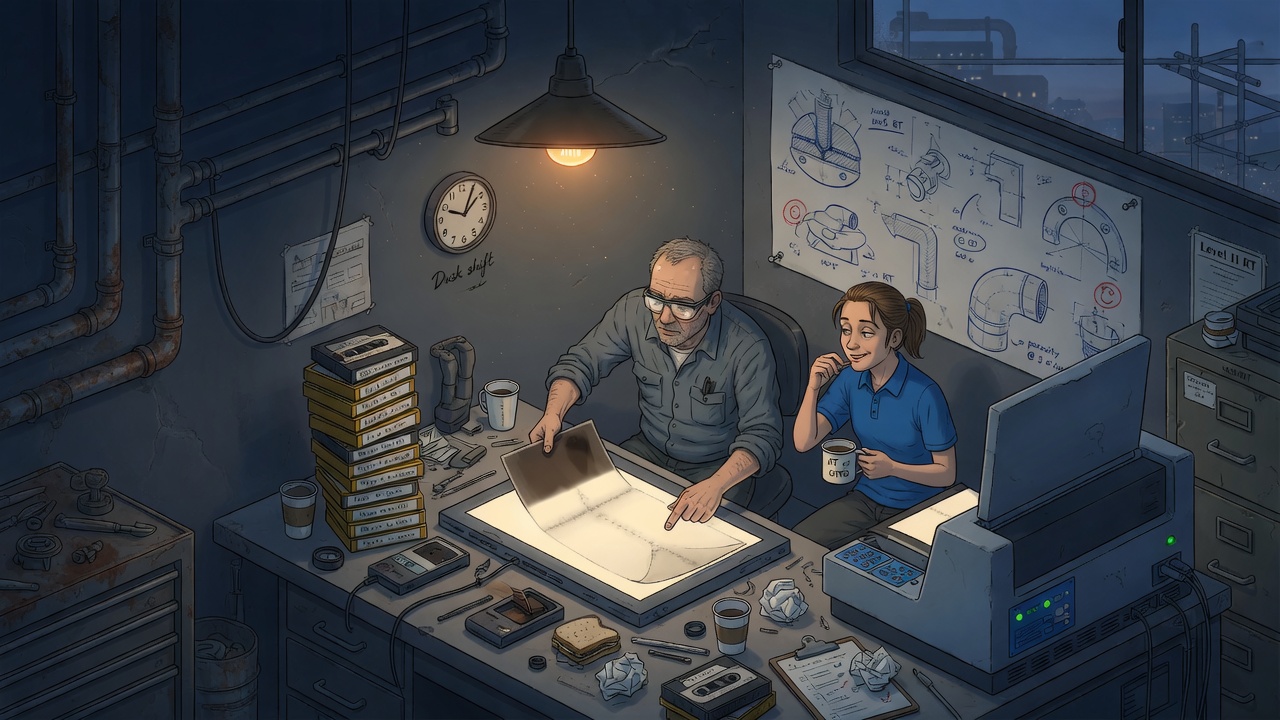 Two inspectors at a small RT shop lightbox, film cassettes stacked, isometric drawings on the wall.