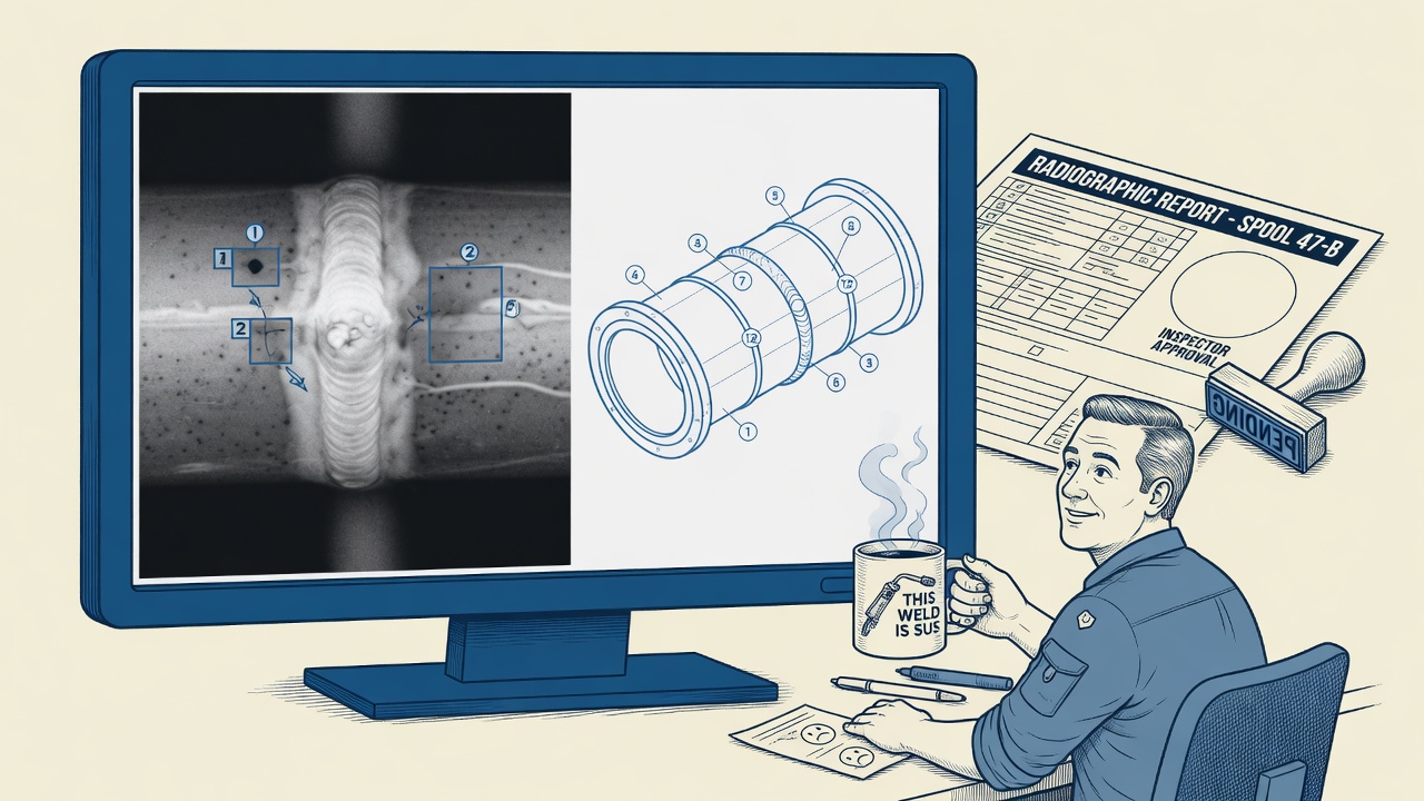 On-prem monitor with a boxed weld radiograph next to a numbered pipe isometric and a pending stamp.